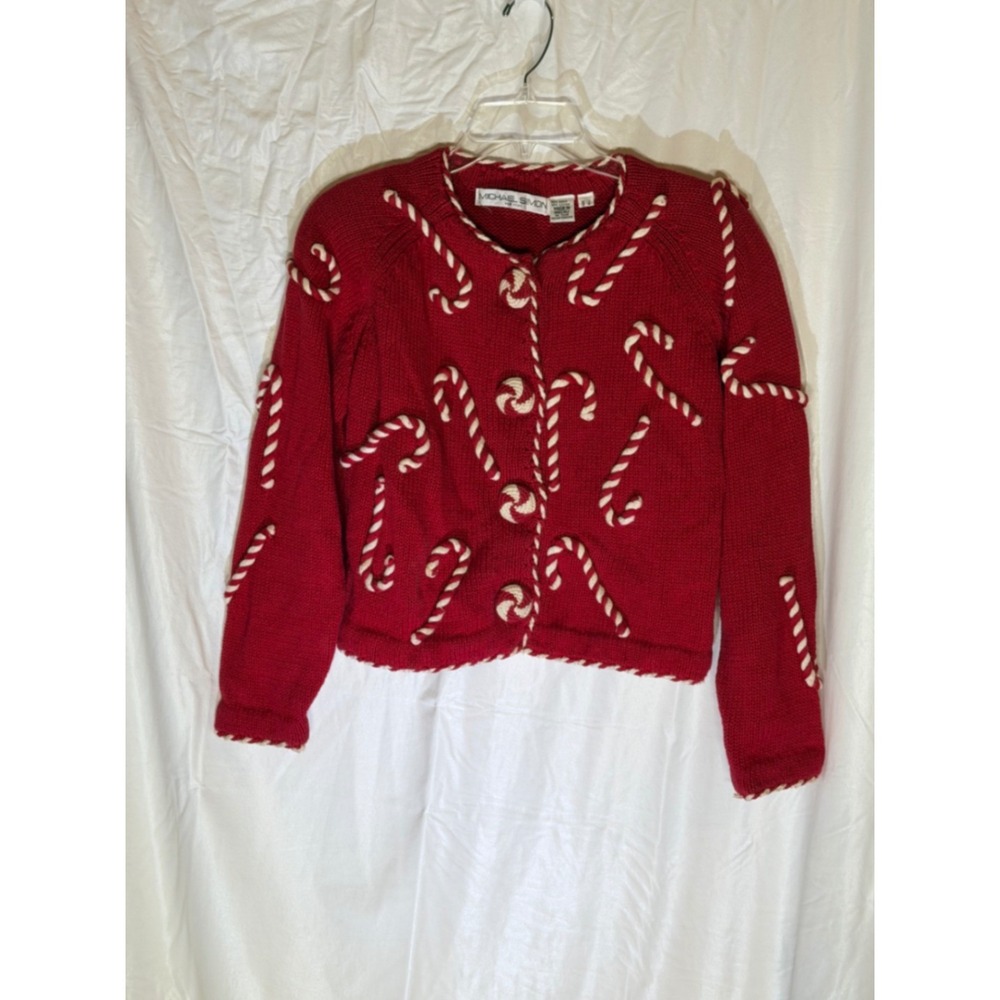 Michael Simon Vintage Christmas Cardigan Red Candy Cane Peppermint ugly Sweater